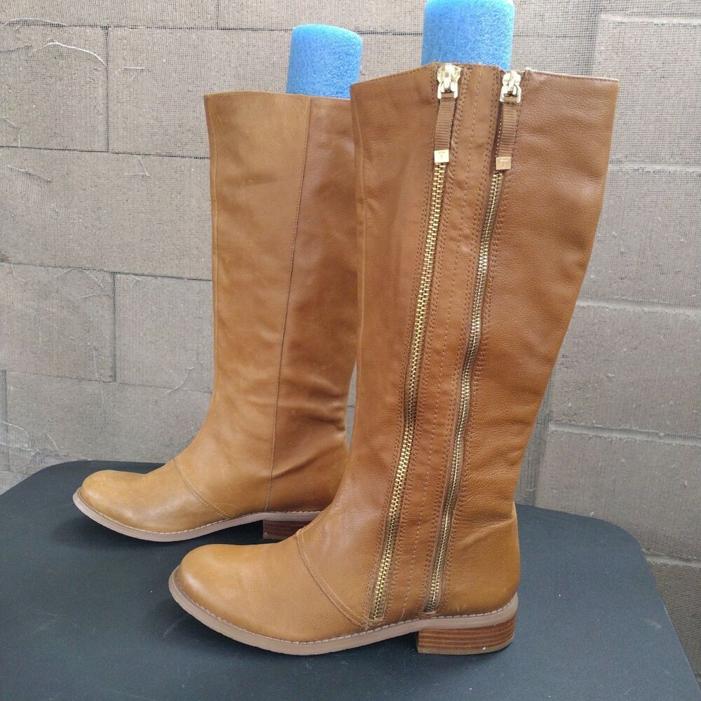 Tahari Andy Women Boots Sz 9 Tan Leather Double Zip Knee High Western Equestrian